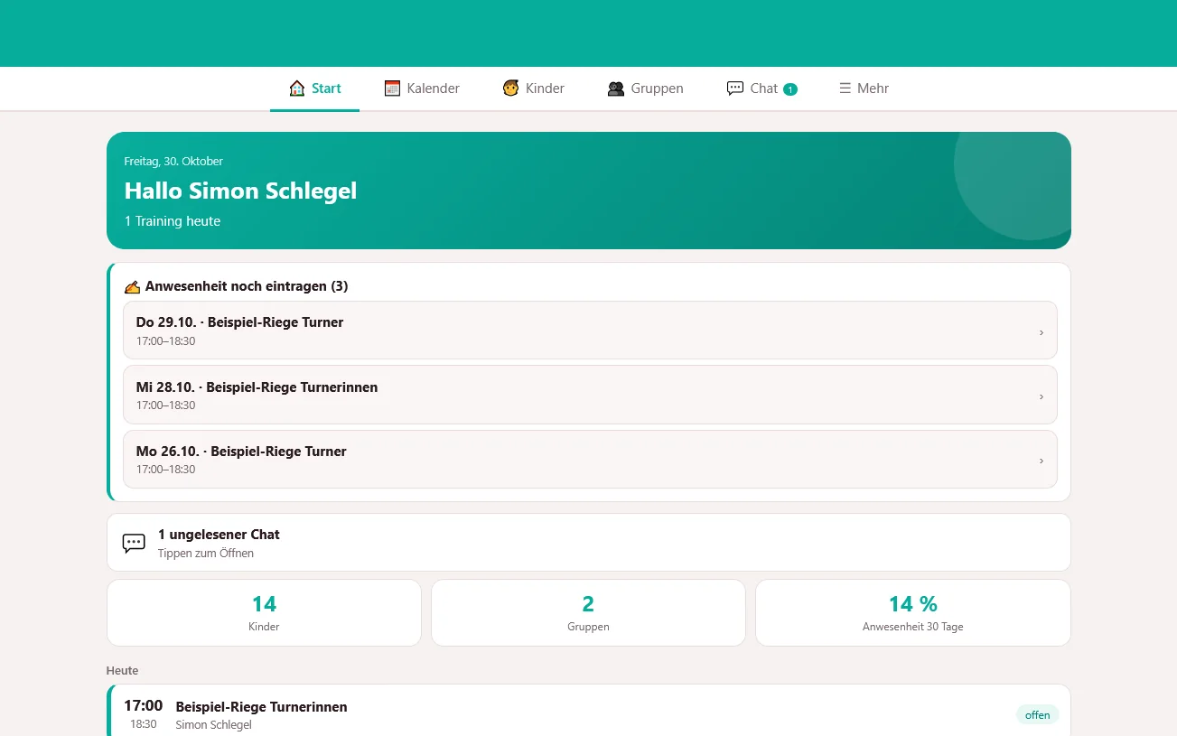 Turnmanager: Startseite mit offenen Anwesenheitslisten und den nächsten Trainings