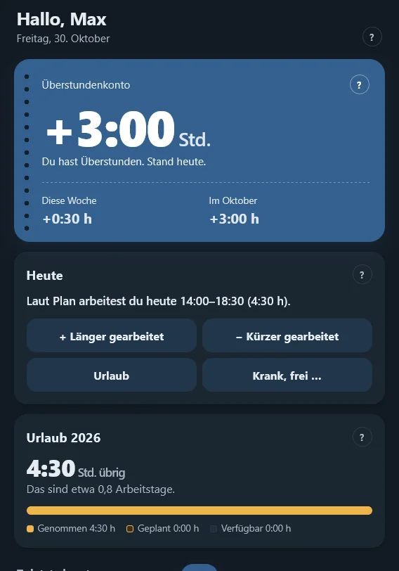 Zeitkonto: Überstundenkonto und Urlaub auf einen Blick